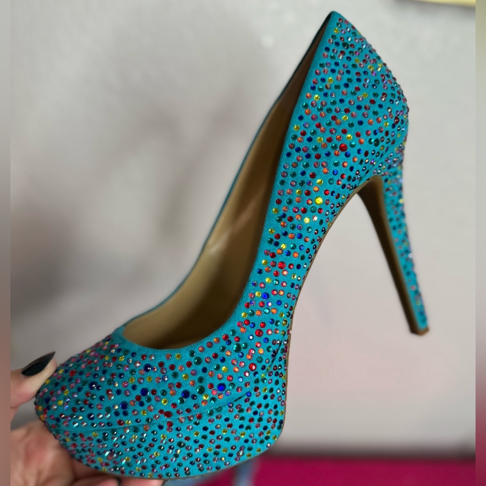 GIANNI BINI 💎Vibrant Blue Rhinestone Stud Platform Stilleto Party Heels (7.5) - Picture 4 of 11